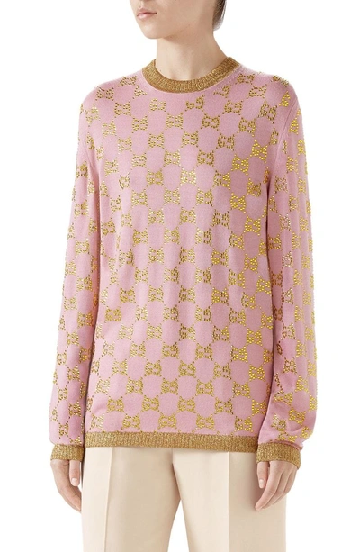 Shop Gucci Crystal Gg Logo Sweater In Little Rose