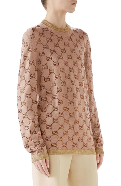 Shop Gucci Crystal Gg Logo Sweater In Beige