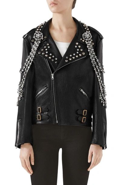 Shop Gucci Back Logo Crystal Embellished Biker Jacket In Black/ White