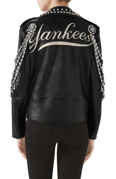 Shop Gucci Back Logo Crystal Embellished Biker Jacket In Black/ White