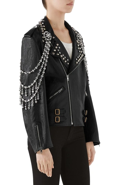 Shop Gucci Back Logo Crystal Embellished Biker Jacket In Black/ White