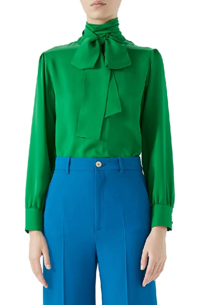 Shop Gucci Silk Tie Neck Blouse In Tropical Green