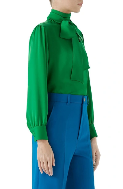 Shop Gucci Silk Tie Neck Blouse In Tropical Green