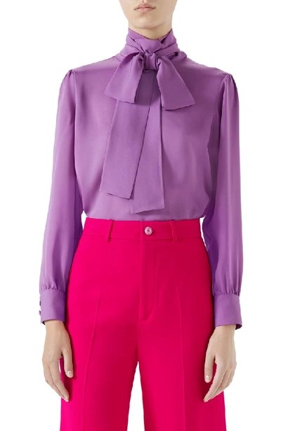 Gucci Silk Tie Neck Blouse In Pale Violet Silk | ModeSens