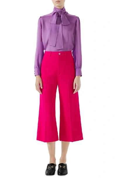 Shop Gucci Silk Tie Neck Blouse In Pale Violet Orchid