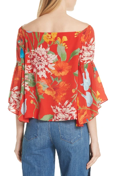 Shop Alice And Olivia Rissy Floral Off The Shoulder Silk Top In Greenwich Garden Poppy