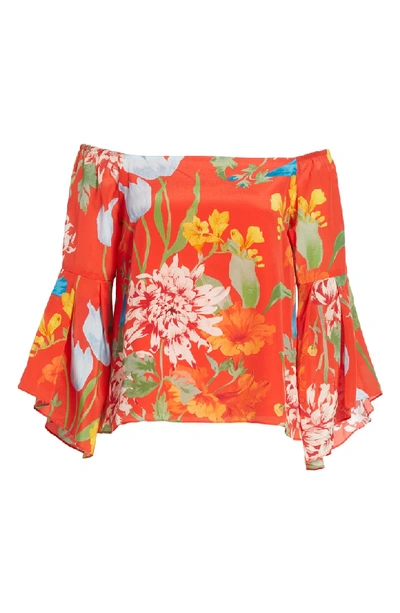 Shop Alice And Olivia Rissy Floral Off The Shoulder Silk Top In Greenwich Garden Poppy