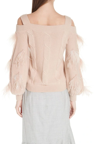 Shop Adeam Off The Shoulder Cashmere Sweater With Feather Trim In Dusty Rose