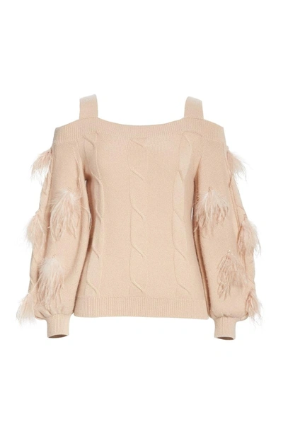 Shop Adeam Off The Shoulder Cashmere Sweater With Feather Trim In Dusty Rose