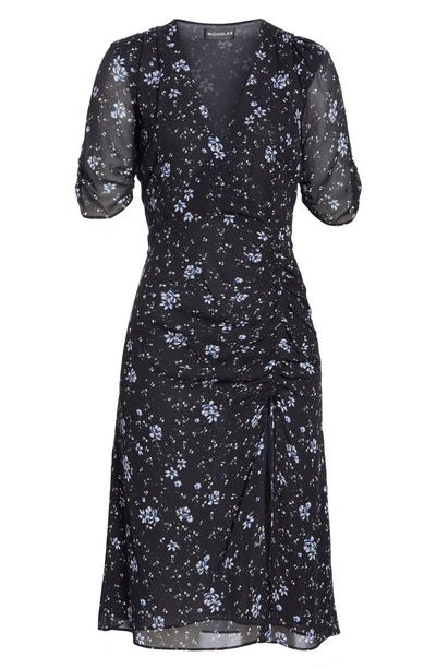 Shop Nicholas Ditsy Floral Print Ruched Silk Dress In Navy