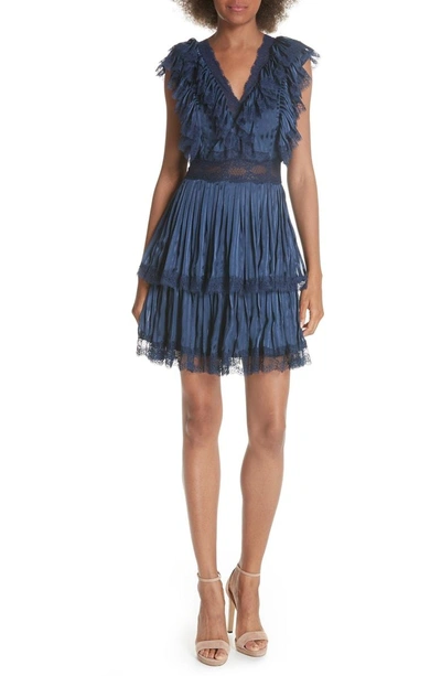 Shop Alice And Olivia Lenora Pleat Tiered Dress In Mini Stripe/ Sapphire