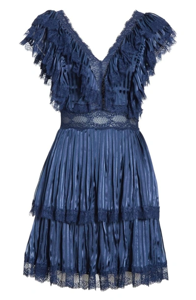 Shop Alice And Olivia Lenora Pleat Tiered Dress In Mini Stripe/ Sapphire