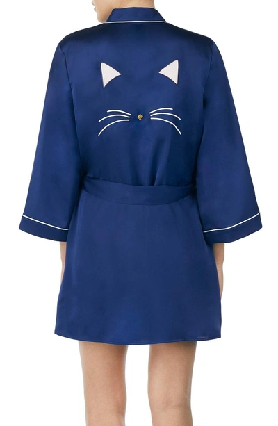 Kate Spade Cat Nap Charmeuse Short Robe In Navy