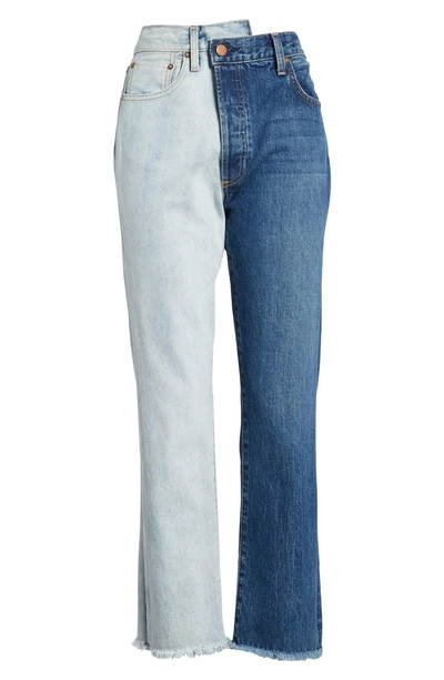 Shop Alice And Olivia Ao. La Amazing Two-tone High Waist Boyfriend Jeans In Double Vision - Indigo