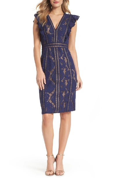 Shop Tadashi Shoji Lace Sheath Dress In Notte/ Nude