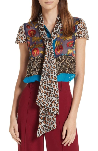 Shop Alice And Olivia Jeanie Tie Neck Mixed Burnout Blouse In Multi