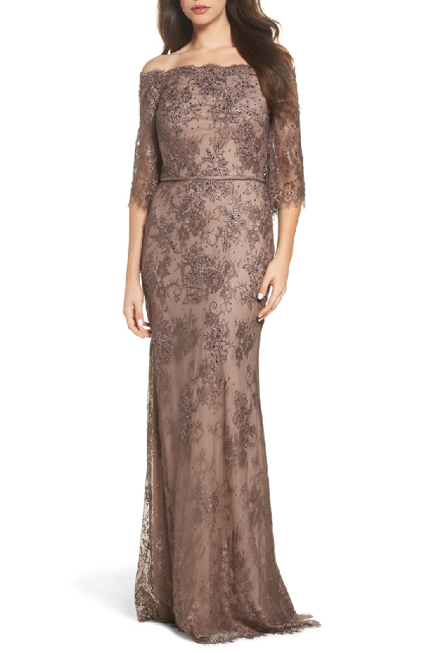 La Femme Off The Shoulder Lace Gown In Cocoa | ModeSens