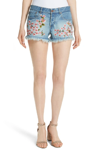 Shop Alice And Olivia Ao. La Embroidered Denim Shorts In Sweet Emotion/ Multi