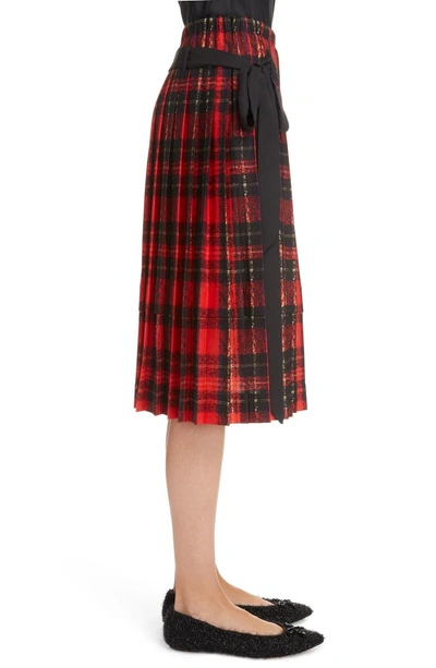 Shop Simone Rocha Bow Pleated Tartan Skirt In Red