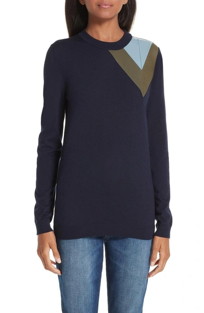 Shop Loewe Leather Chevron Shoulder Wool Sweater In Navy Blue