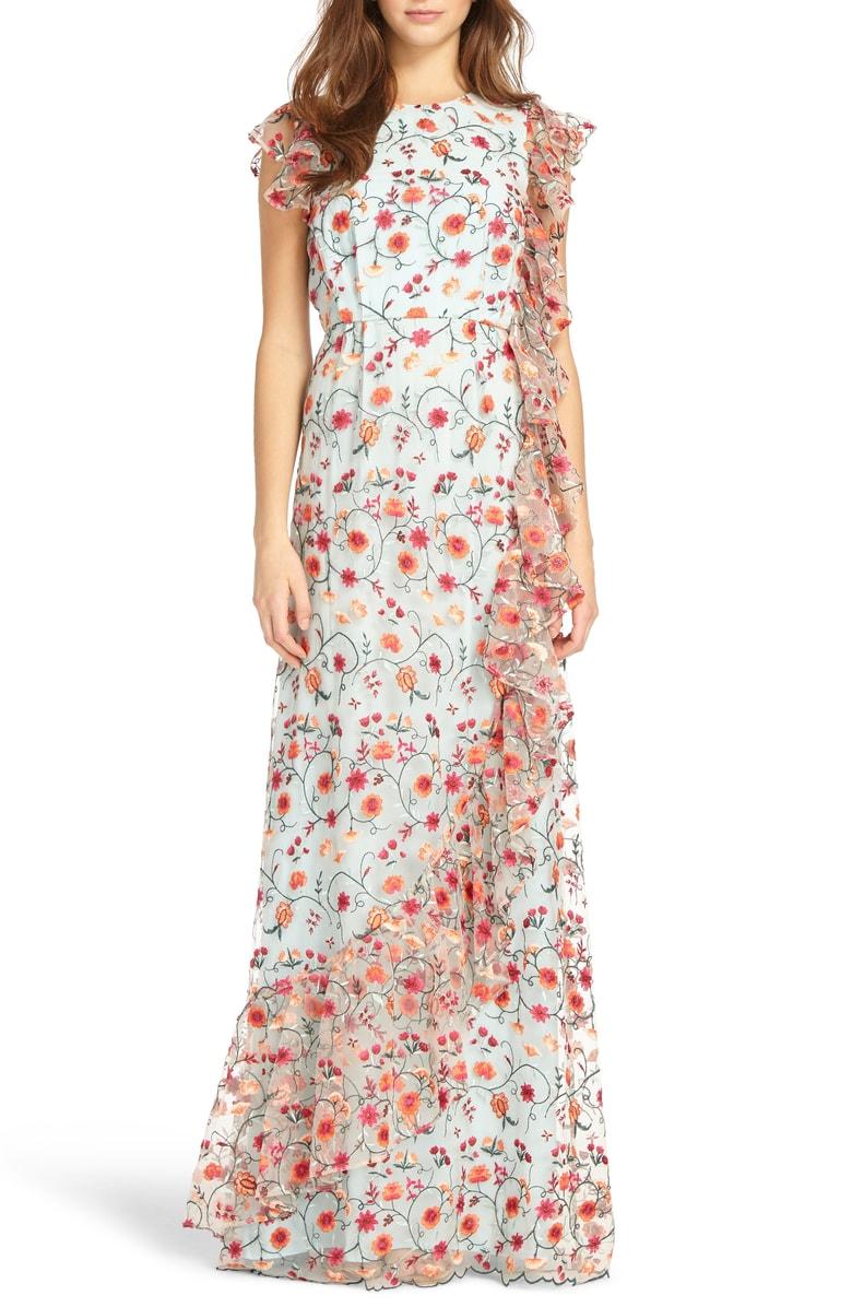 floral embroidered mesh gown