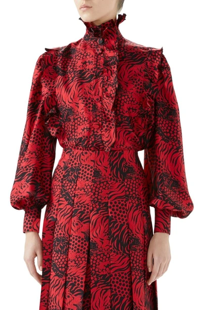 Shop Gucci Tiger Print Silk Blouse In Red