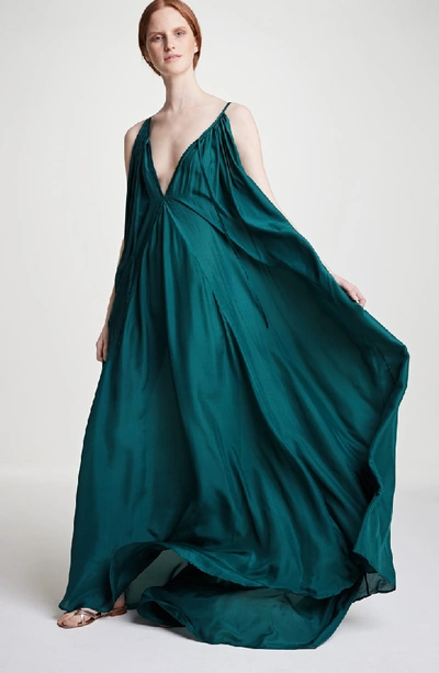 Shop Kalita Mercury Silk Habotai Trapeze Maxi Dress In Emerald