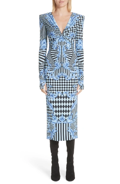 Shop Versace Mixed Print Jersey Dress In Ice Blue