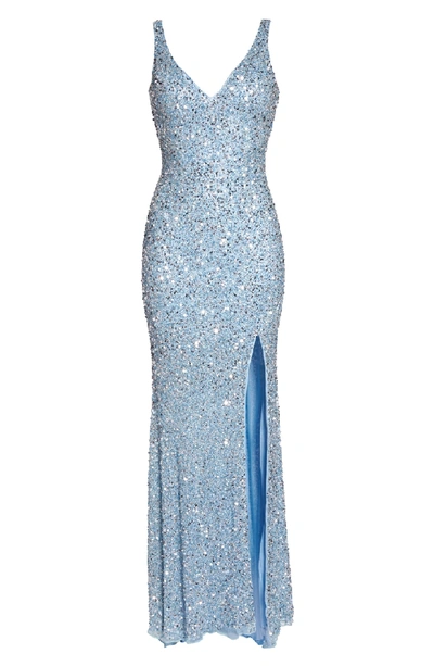 Shop Mac Duggal V-neck Sequin Column Gown In Powder Blue