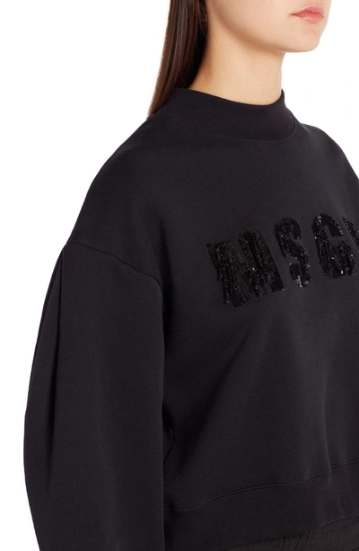 Shop Msgm Sequin Logo Balloon Sleeve Crop Sweatshirt In Black