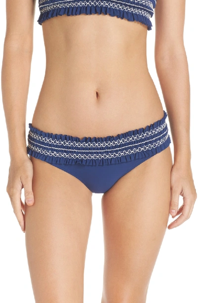 Shop Tory Burch Costa Smocked Hipster Bikini Bottoms In Capri Blue/ New Ivory