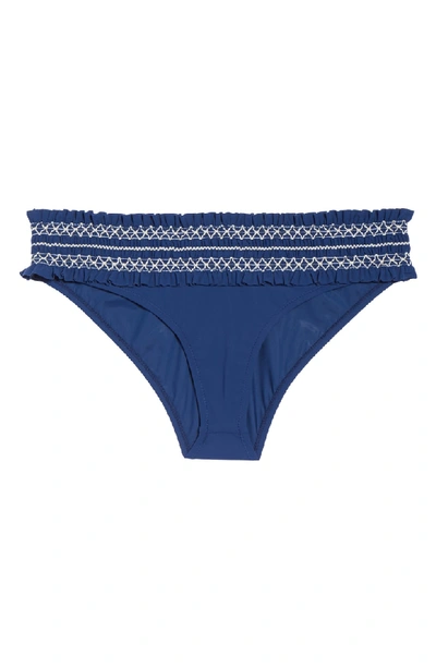 Shop Tory Burch Costa Smocked Hipster Bikini Bottoms In Capri Blue/ New Ivory