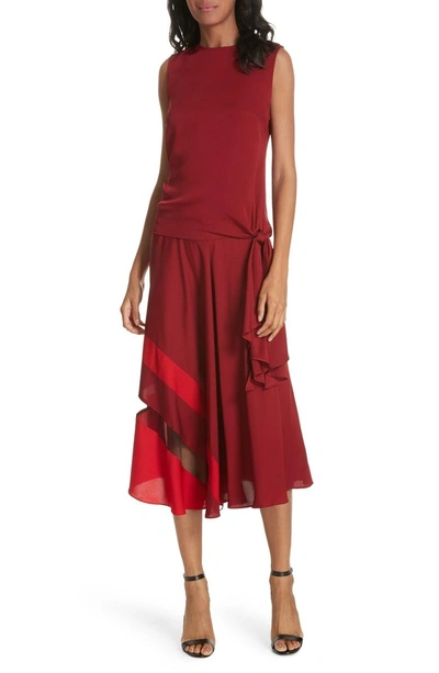 Shop Milly Asymmetrical Stripe Stretch Silk Midi Skirt In Burgundy/ Ruby