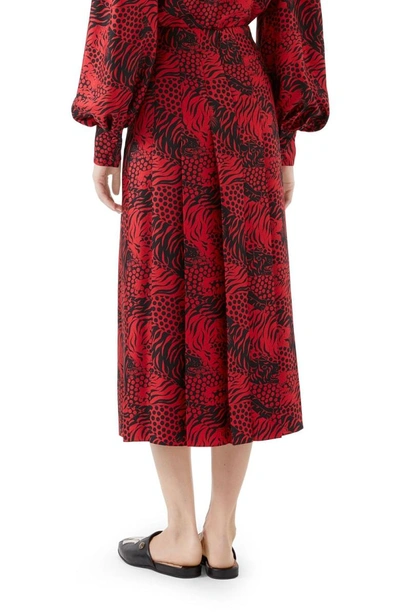 Shop Gucci Tiger Print Pleated Silk Skirt In Red