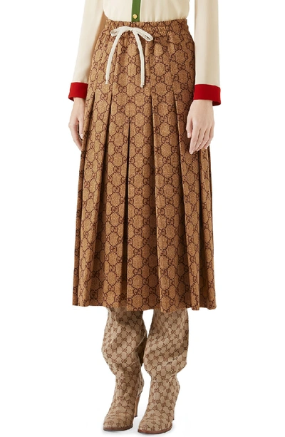 Shop Gucci Gg Print Pleated Midi Skirt In Vintage Camel