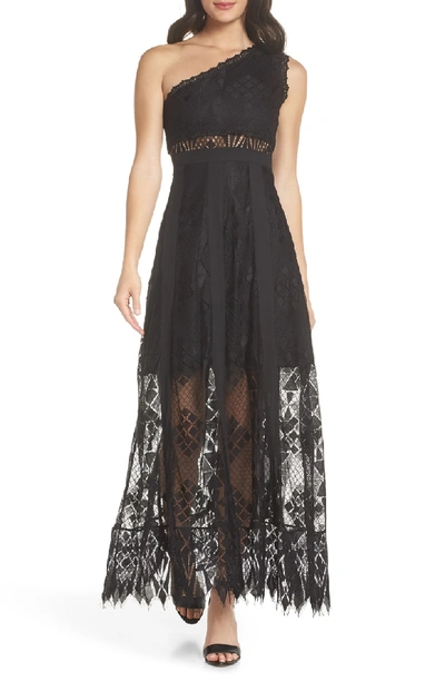 Shop Foxiedox Juliet One-shoulder Lace Gown In Black/ Black