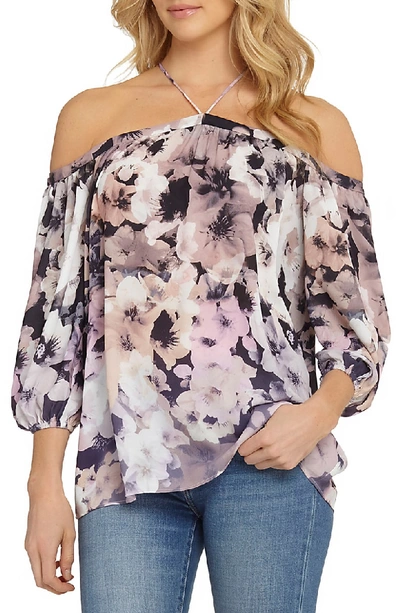 Shop 1.state Off The Shoulder Sheer Chiffon Blouse In Black/ Neutral Multi