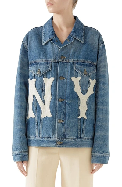 Shop Gucci Ny Patch Denim Jacket In Blue/ Ivory