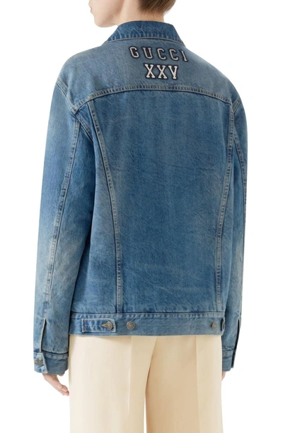 Shop Gucci Ny Patch Denim Jacket In Blue/ Ivory