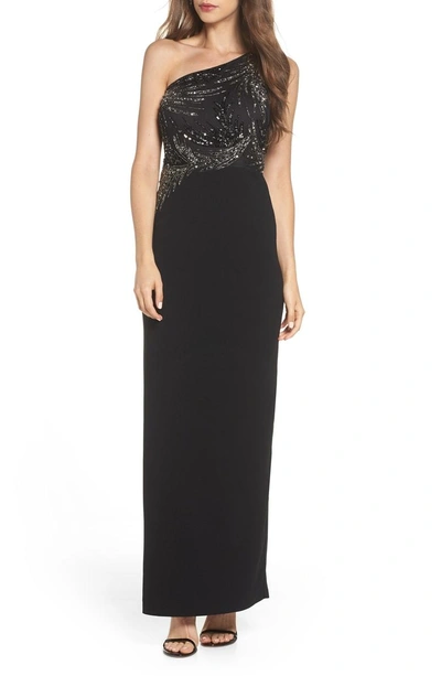 Shop Adrianna Papell One-shoulder Beaded Bodice Gown In Black/ Mercury