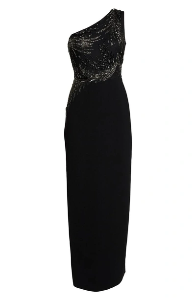 Shop Adrianna Papell One-shoulder Beaded Bodice Gown In Black/ Mercury