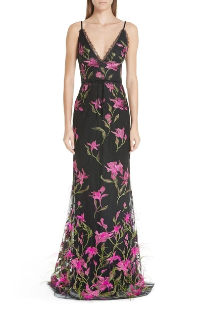 Shop Marchesa Notte Embroidered Lace & Feather Trim Gown In Black