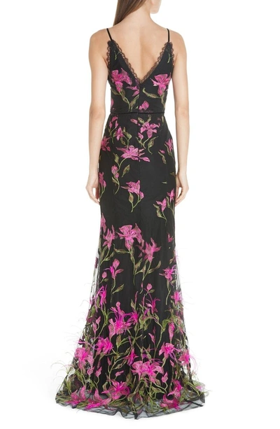 Shop Marchesa Notte Embroidered Lace & Feather Trim Gown In Black