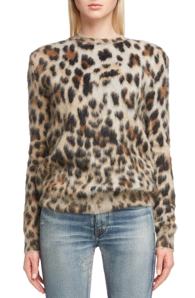 Shop Saint Laurent Leopard Pattern Mohair Sweater In Beige/ Noir/ Marron