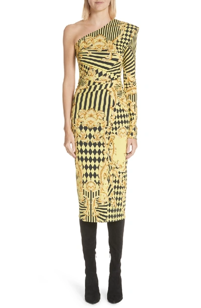 Shop Versace Mixed Print One Shoulder Dress In Yellow