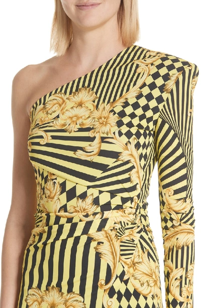 Shop Versace Mixed Print One Shoulder Dress In Yellow