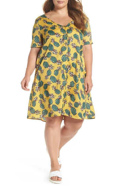 Shop Glamorous Button Front Pineapple Print Dress In Yellow Pineapple
