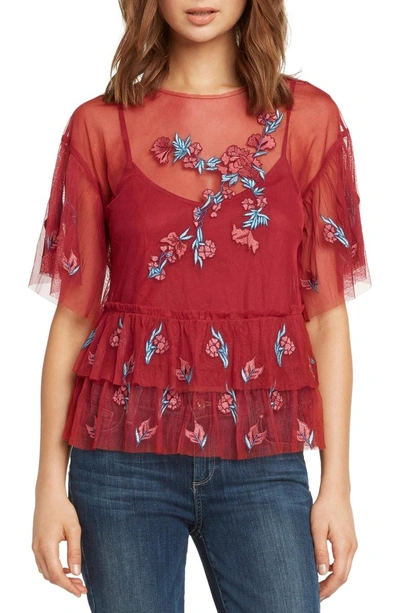 Shop Willow & Clay Embroidered Ruffle Top In Scarlet
