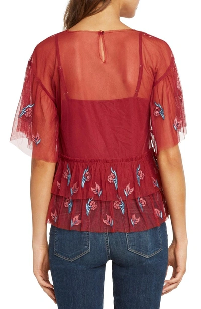 Shop Willow & Clay Embroidered Ruffle Top In Scarlet