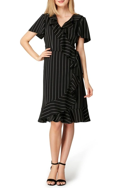 Shop Tahari Stripe Ruffle Faux Wrap Dress In Black/ Ivory